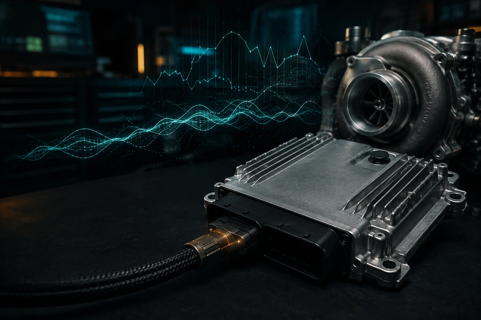 Diesel engine control unit connected beside a turbocharger with live-data traces